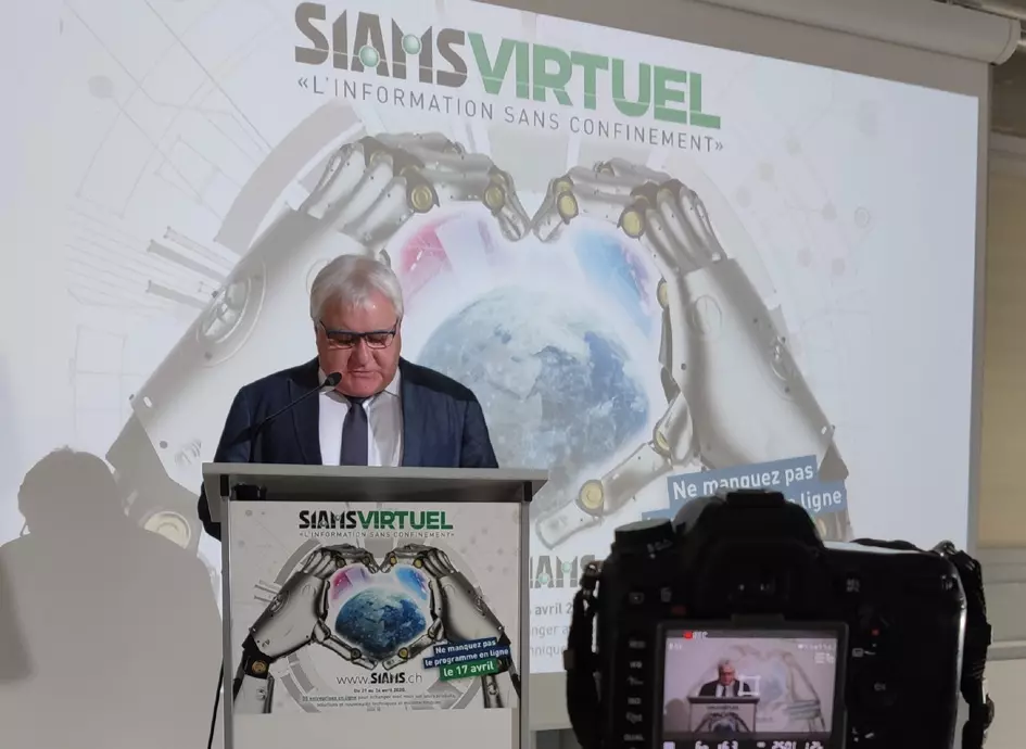 Marcel Winistoerfer, Maire de Moutier lors de l'enregistrement de son message pour l'inauguration du SIAMS virtuel mardi 21 avril.